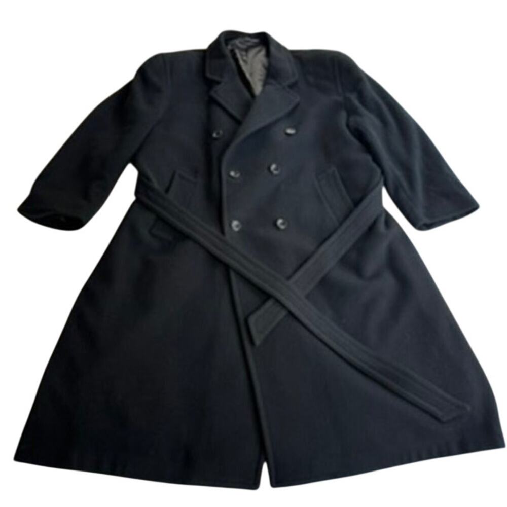 Vintage Union Made Canada Wool Cashmere Overcoat Coat Mens 50R Black Belted